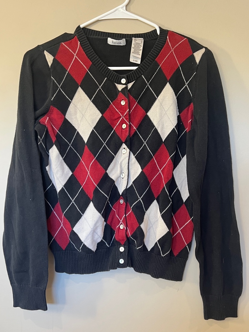 liz & co. Black Cardigan with Red & White Argyle